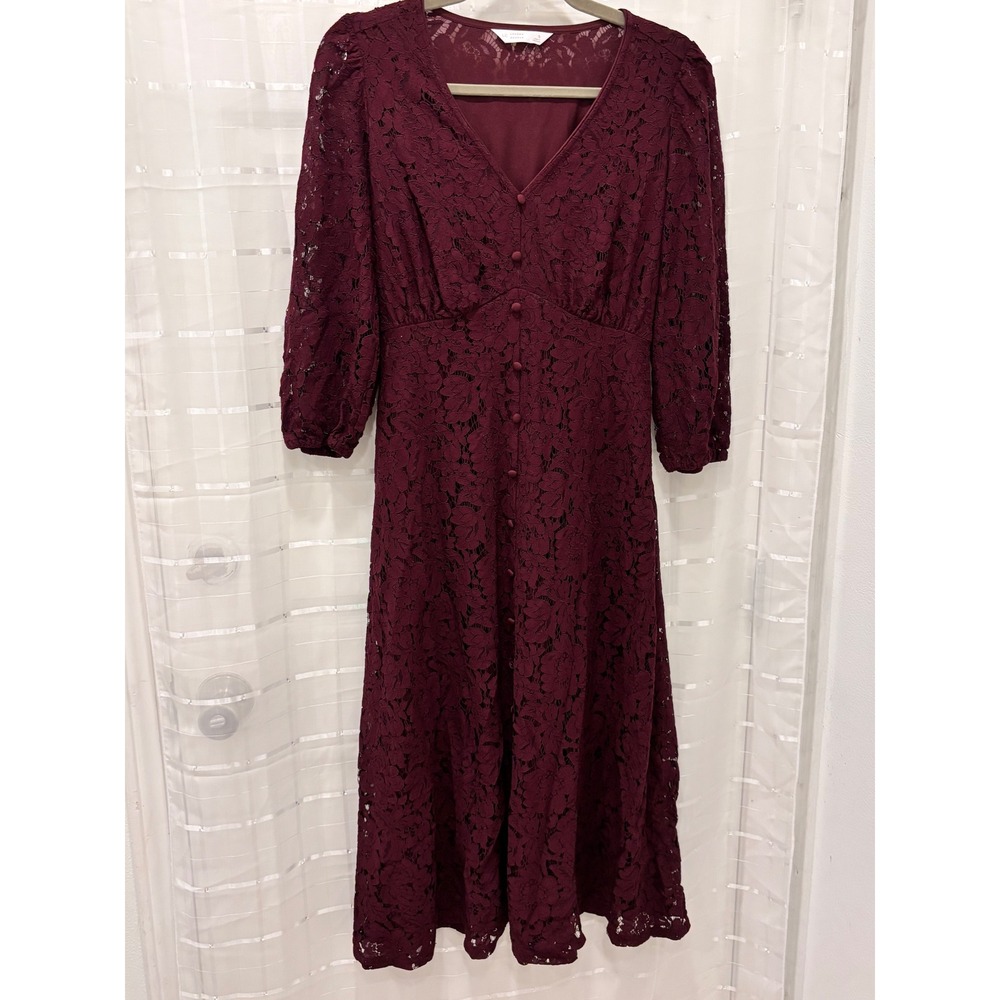LC Lauren Conrad Burgundy Lace Midi Dress V-Neck 3/4 Sleeve Wine Size S